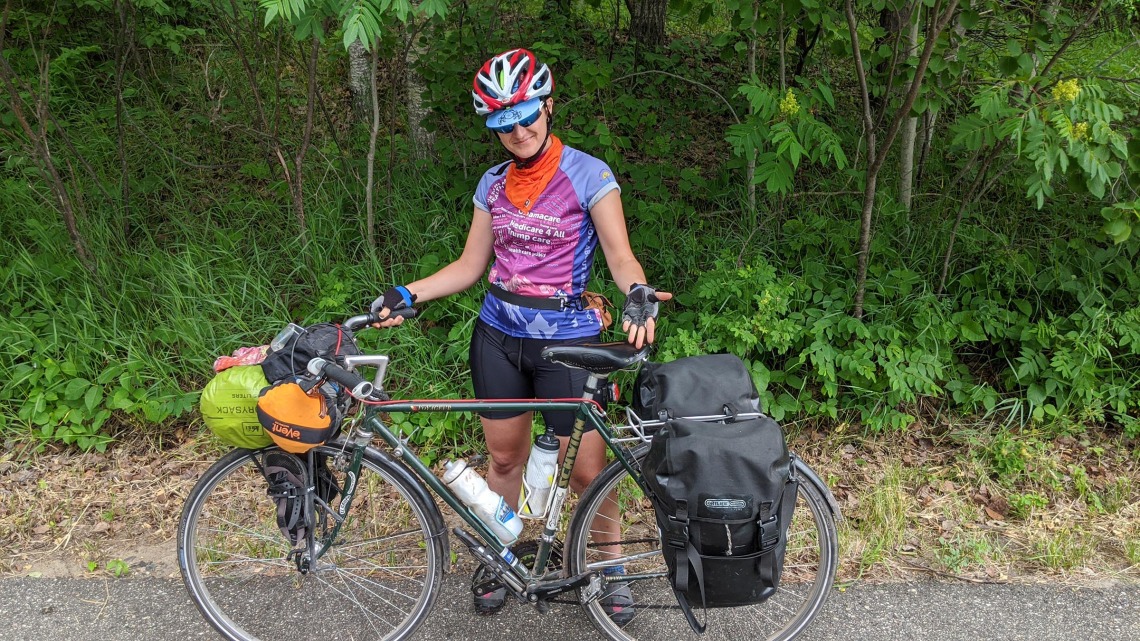 First-year medical student Julia Liatti’s summer research project entailed riding her bike “Rachmaninov” through four states to hear perspectives on health care policy. The trip was arranged by Paul Gordon, MD, MPH, professor of family and community medicine, for research.
