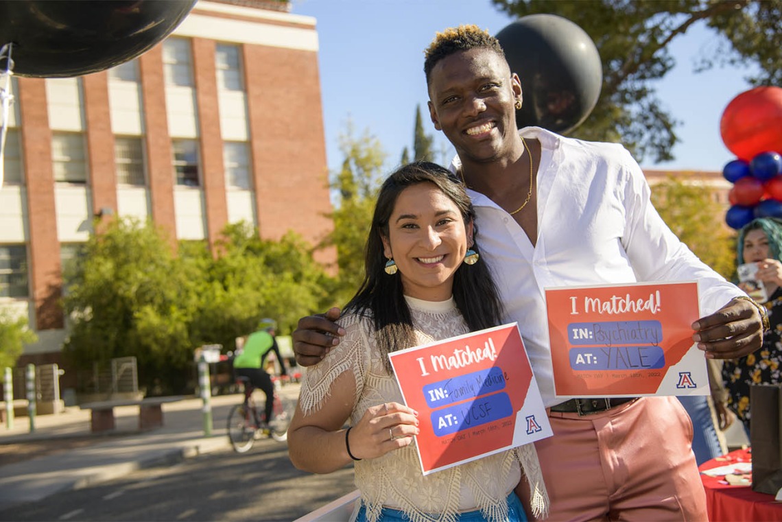 Naiby Rodriguez (left) matched at UC San Francisco while Caylan Moore matched with Yale during the UArizona College of Medicine – Tucson 2022 Match Day event.