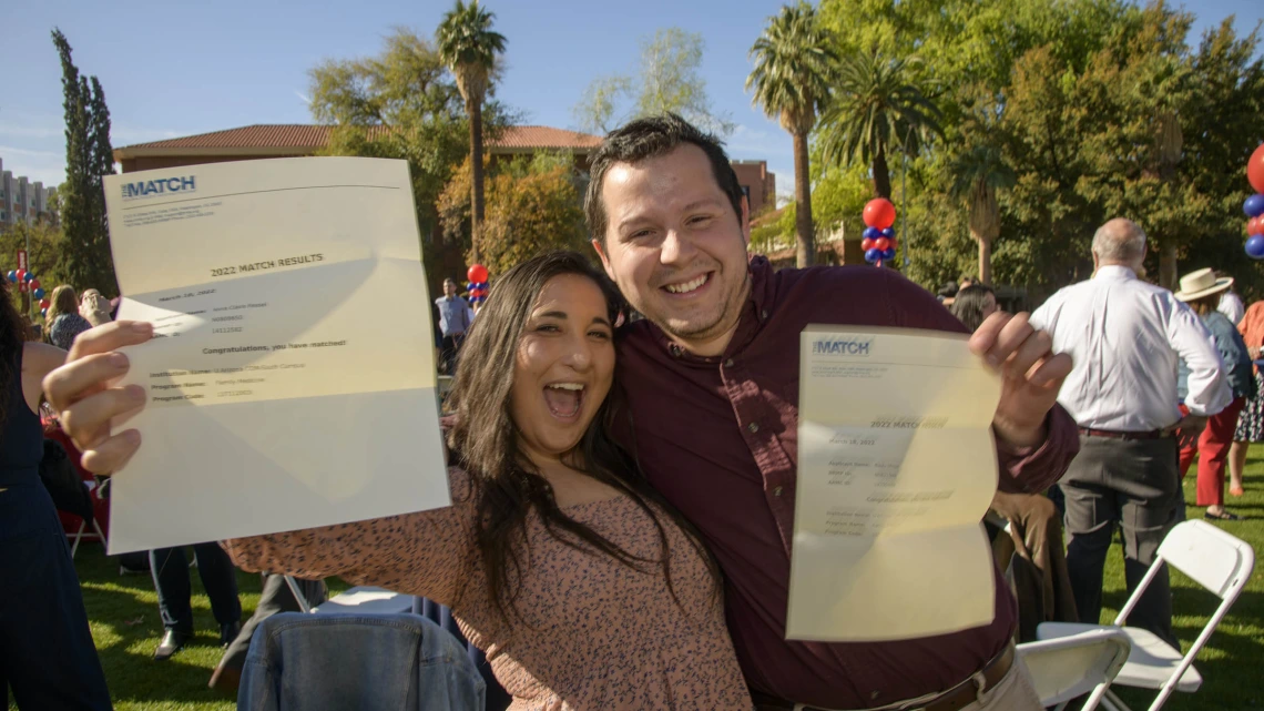 Anna Ressel and Radu Moga, who are engaged to be married in April, both matched at Banner – University Medical Center South in family medicine during the UArizona College of Medicine – Tucson 2022 Match Day event.