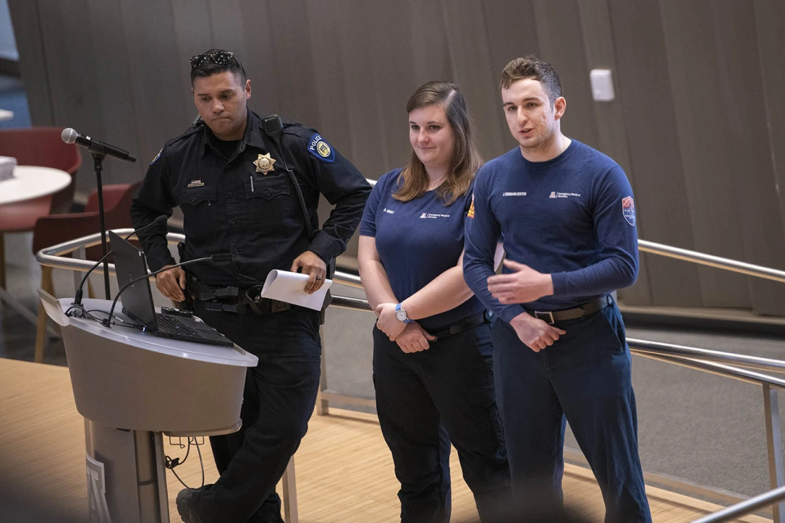 Jesus Aguilar, public information officer and crime prevention specialist, UArizona Police Department; Brittany Wright, continuous quality improvement officer and 911 response supervisor, UArizona Emergency Medical Services; and Jacob Robishaw-Denton, deputy chief of operations, UArizona EMS were part of the Drug Survival 102 panel event.