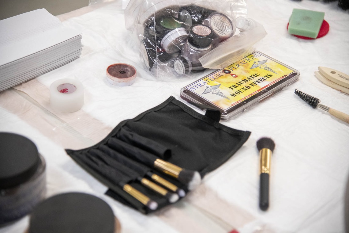 The tools of the trade: ASTEC staff know how to use makeup, sponges and brushes to create true-to-life but simulated traumatic wounds.