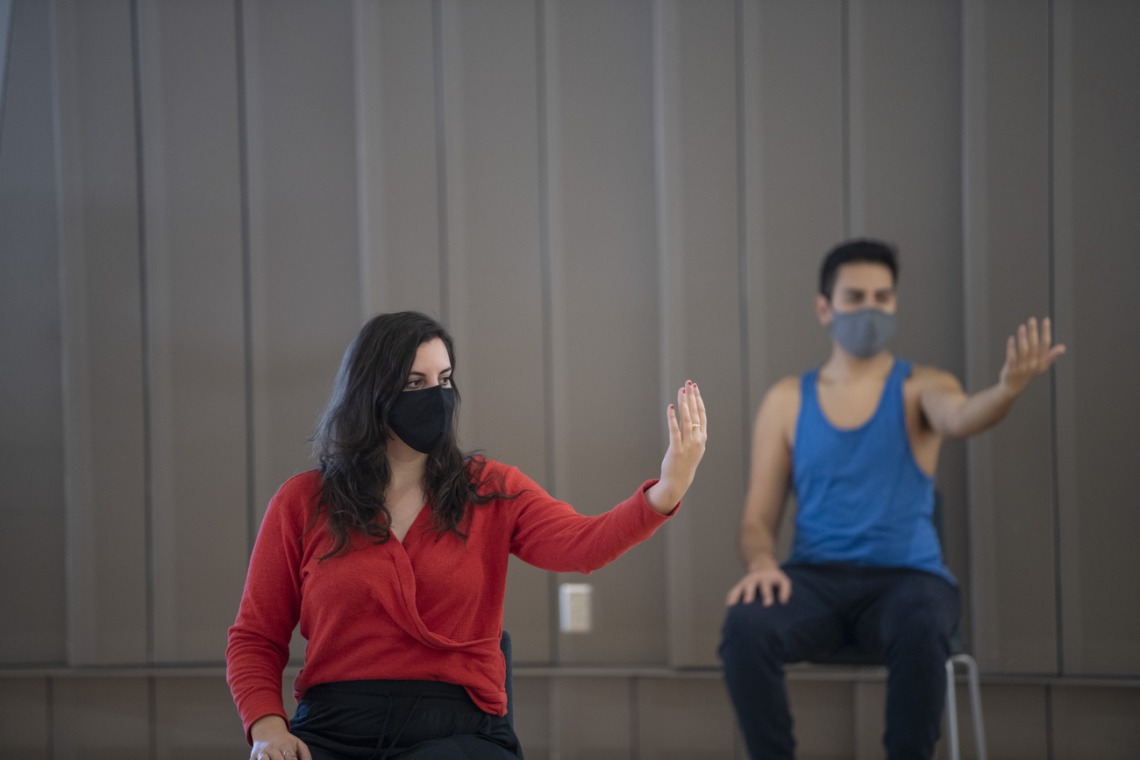 Jennie Greb, left, and Alex Murillo practice mindful movements during the Feldenkrais Method class inside the Forum in the Health Sciences Innovation Building. 