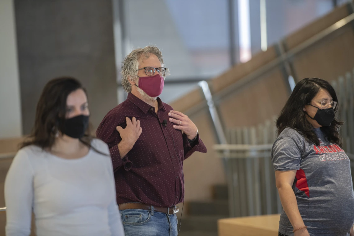 Andrew Belser, certified Feldenkrais instructor and director of the School of Theatre, Film and Television at the College of Fine Arts, demonstrates movement techniques from the Feldenkrais Method, during the second class in the “Aging and the Arts” series, "Shifting Pain Through Movement.”