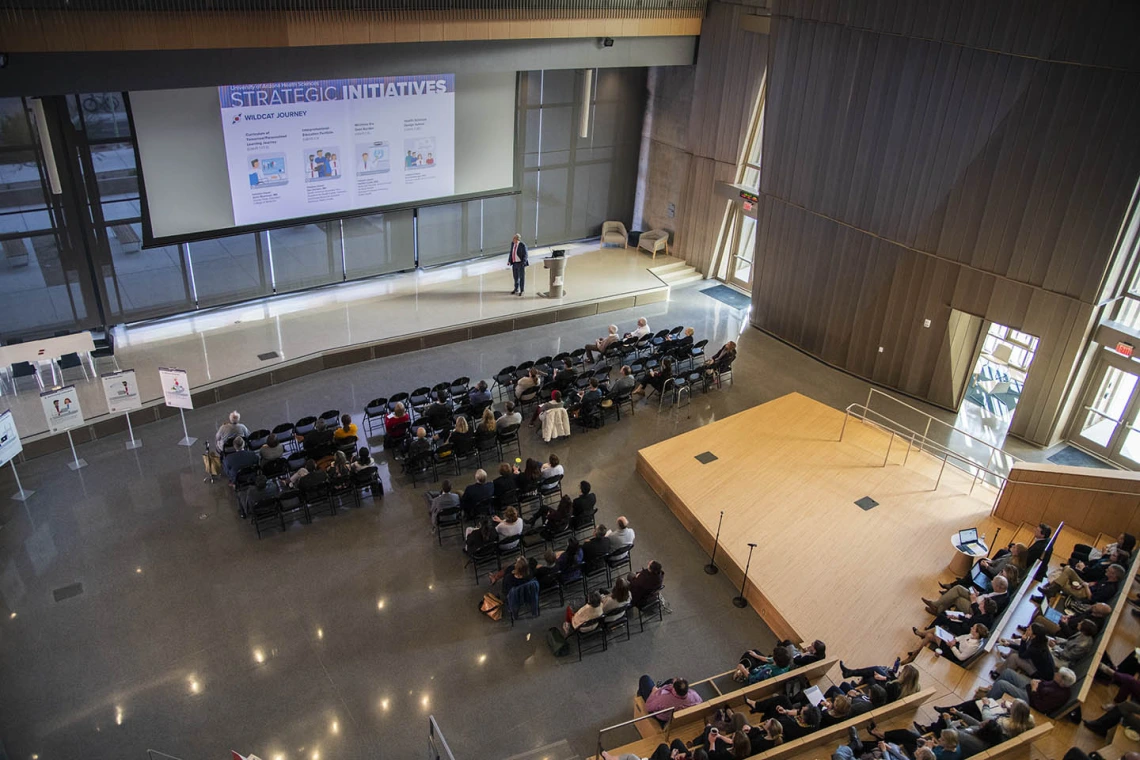 Senior Vice President for Health Sciences Michael D. Dake, MD, talks about the Health Sciences strategic initiatives during the town hall event held in the Forum of the Health Sciences Innovation Building in Tucson, Jan. 28, 2020.