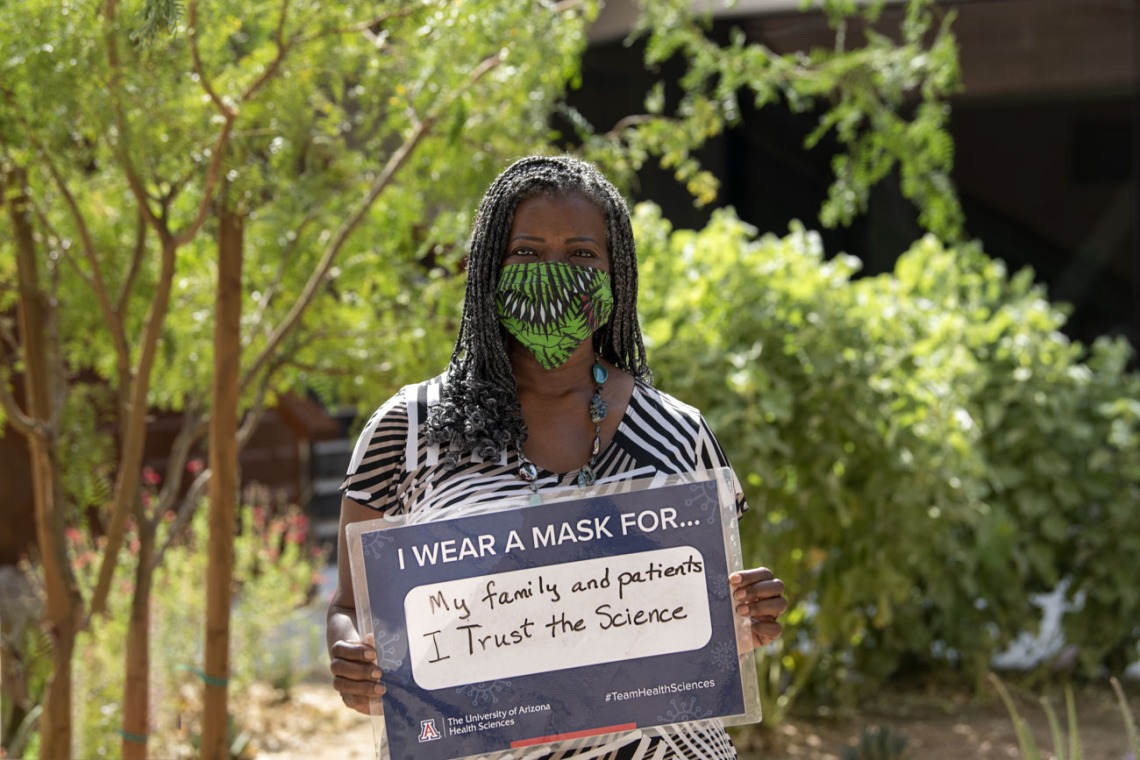 Wearing a mask for her family and patients, Victoria Murrain, DO, is the vice dean of the Office of Diversity, Equity and Inclusion at the College of Medicine –Tucson.