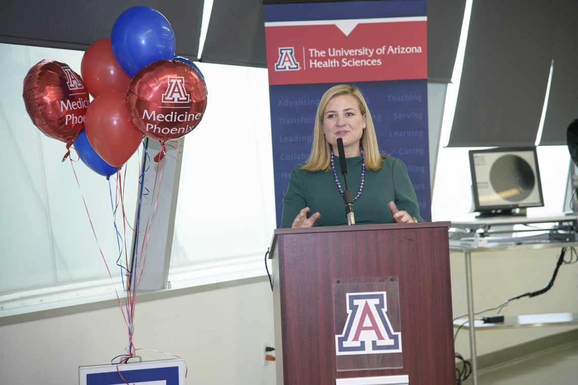 Phoenix Mayor Kate Gallego speaks to the audience at the University Arizona College of Medicine - Phoenix Associate Dean of Admissions and Recruitment Glen Fogerty, PhD, MBA, speaks to attendees during the Primary Care Physician scholarship reception. 