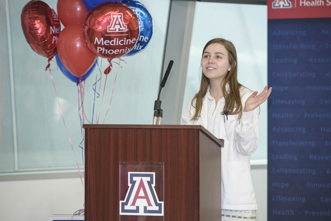 Primary Care Physician scholarship recipient Merrion Dawson speaks to attendees during the reception.