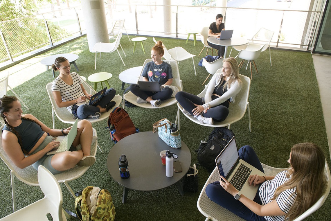 This second-floor balcony in the Health Sciences Education Building on the Phoenix Biomedical Campus offers artificial grass, shade and chairs big enough to sit cross-legged for those wanting a change of scenery. 