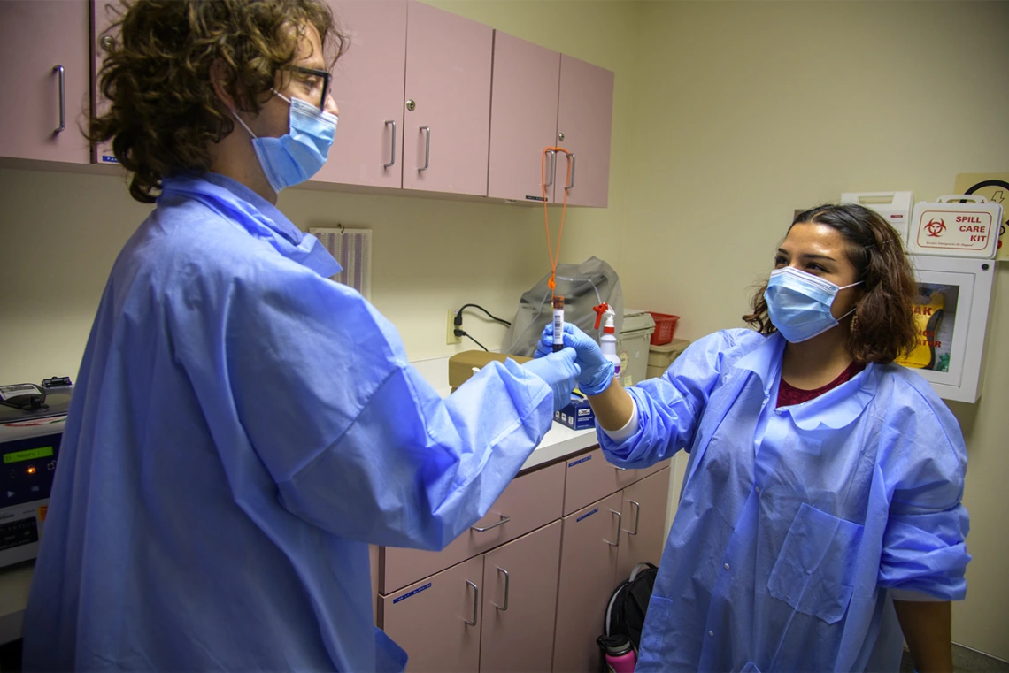 Antibody testing begins shortly after blood is drawn. Emely Mancia-Chavez hands a sample to Josh Newell to start processing the test, searching for antibodies from the COVID-19 virus.