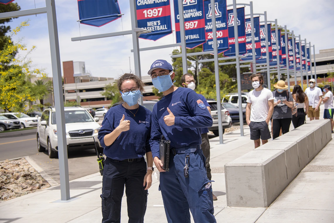 First responders gather outside the Cole and Jeannie Davis Sports Center in Tucson, April 30. First responders and health care workers were among the first to receive the COVID-19 antibody test.