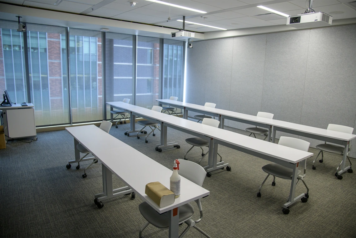 Classrooms now have fewer chairs to help students maintain physical distance of six feet. 