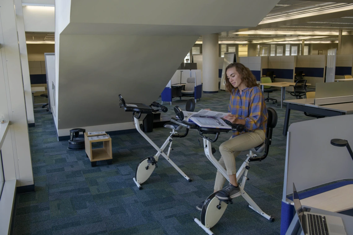 Fancy some exercise on a stationary bike while you study between classes? If you said yes, then head on over to the Health Sciences Library on the Tucson campus where a couple of exercise bikes are tucked under a staircase. The bikes have trays for books or laptops, so you can work while you ride. 