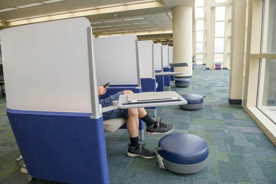 While there is only one pea in this pod, there are several pods available on the third floor of the Health Sciences Library on the Tucson campus, where a comfortable seat, desktop and footstool make for a semi-private space to study, or just catch up on social media. 