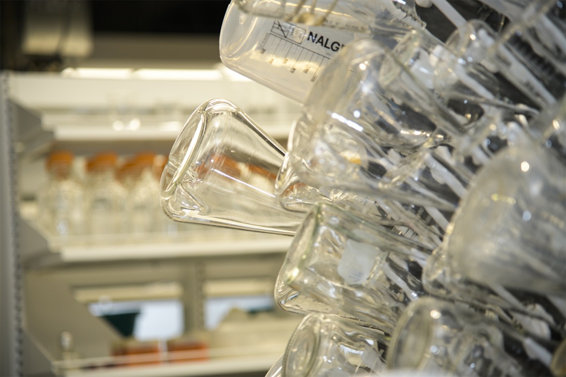 Glassware in a laboratory in the newly-expanded Skaggs Center.