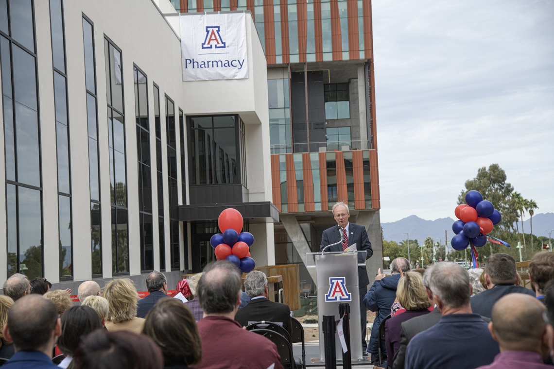 College of Pharmacy Dean Rick Schnellmann, PhD, speaks at the grand opening and ribbon cutting of the expanded and renovated Skaggs Center.