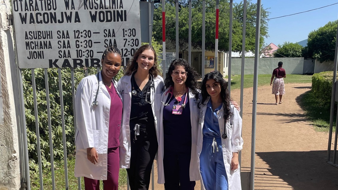 Sommer Aldulaimi, MD (second from right), with University of Arizona College of Medicine – Tucson students Jasmine Locke, Lacey Culpepper and Pantea Sazegar, collaborated with and provided training to assist in opening the hospital newborn unit at the Songambele Health Centre in Tanzania in May 2022. 