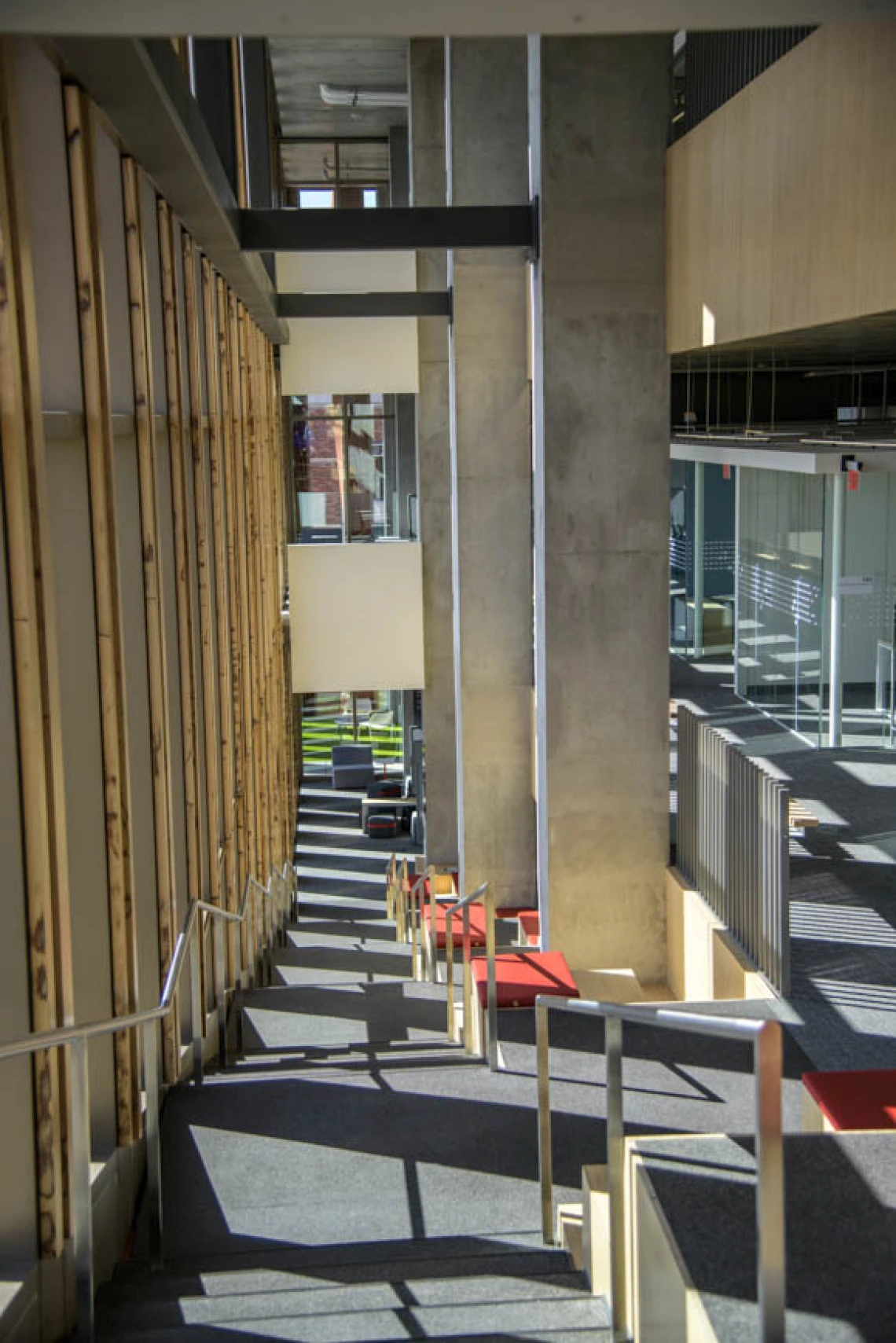 Study areas are nestled along a staircase that spans the east side of the building, making it easy to find a place to work alone or with a small group, aided by plenty of natural light.