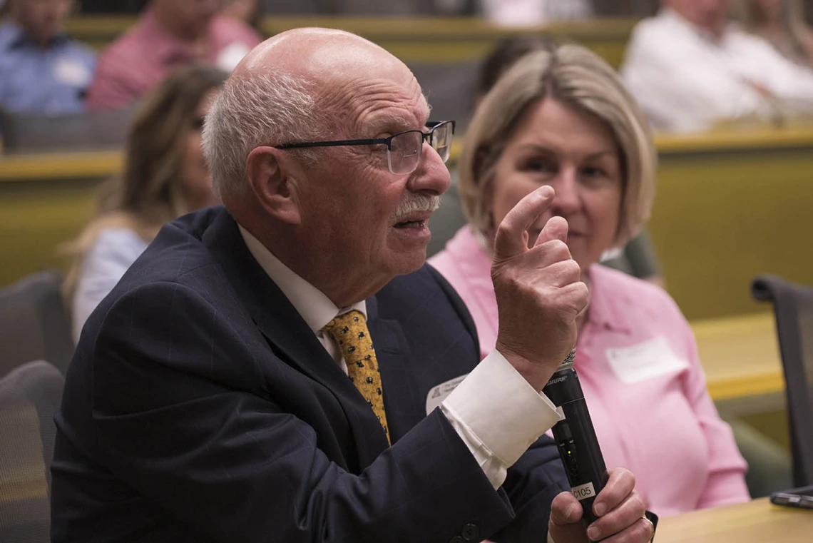 Fayez Ghishan, MD, pediatrics department head at the College of Medicine – Tucson and director of the UArizona Steele Children’s Research Center, asks a question after the UArizona Health Sciences Tomorrow is Here Lecture Series presentation in Phoenix.