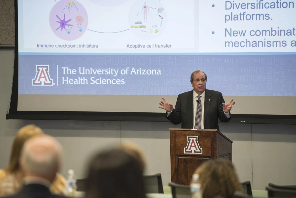 Michael D. Dake, MD, senior vice president for the University of Arizona Health Sciences, presented “Precision Health Care for All: The University of Arizona Health Sciences Center for Advanced Molecular and Immunological Therapies” at the first UArizona Health Sciences Tomorrow is Here Lecture Series event in Phoenix on May 17.