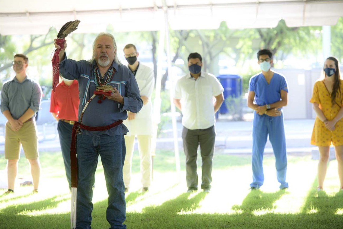 Dr. Carlos Gonzales performs the Blessing of the Seven Sacred Directions during the annual College of Medicine – Tucson Tree Blessing Ceremony. 