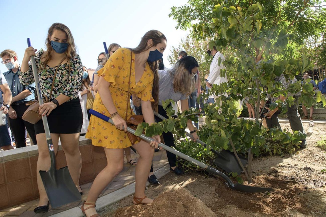 Medical student Ruby Kerwin (yellow) gently deposits her shovel-full of dirt at the base of the tree honoring those who donated their bodies for the medical student’s education. 
