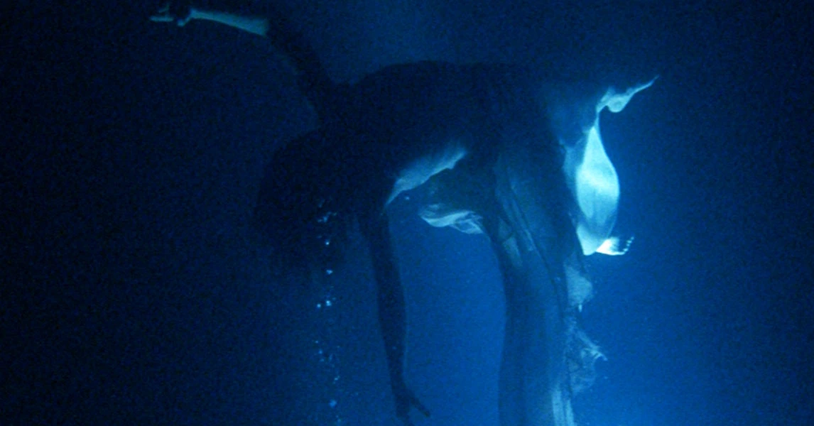 Teaser of Bill Viola's "Isolde's Ascension", obscured woman floating upward underwater