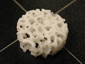 Close-up of a 3D printed scaffold, a plastic bone-shaped frame that will help replace missing bone. Photo courtesy of John Szivek PhD / UA College of Medicine – Tucson