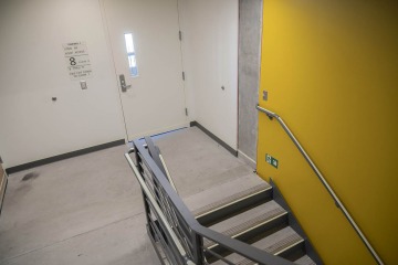 Area of safe refuge during an emergency situation like fire in the stairwell between floors.
