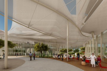 Ample shade is provided with the building’s canopies extending over exterior courtyard seating areas and walkways.