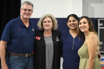 Dr. Arora with Chris Kopach (left), Campus Health nurse Sara Little, Dr. Arora and POD Staffing Lead, Renee Hernandez celebrate the UArizona POD’s final day of operation, June 25, after nearly 250,000 doses administered since January.