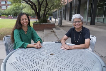 (From left) Dr. Nuño and retired social worker Josefina Ahumada catch-up on the UArizona Health Sciences Tucson campus. Ahumada, who was Dr. Nuño’s social work professor at Arizona State University, is currently leading the Adelante, Nuestro Futuro steering committee.