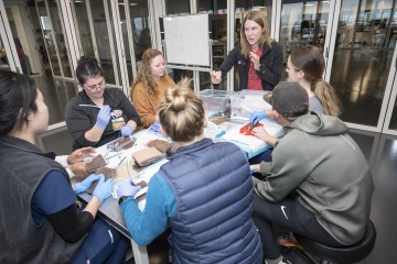 Nicola Baker stands in front of six medical students who are wearing plastic gloves and sitting at a table listening to her.