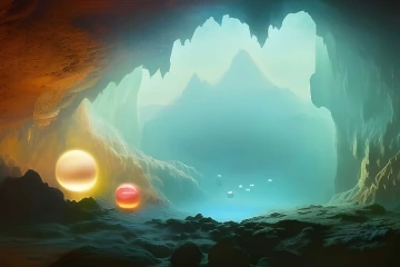 Digital art of two glowing spheres in a cave-like setting.