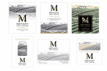 Sketches of wine bottle labels for Mevany Vineyards