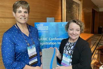 (From left) Annemarie Medina, MBA, director, Corporate and Community Relations – Tucson, and Caroline Berger, director, Corporate and Community Relations – Phoenix, were presented with the Gold Award for Excellence in Community Programming for “Connect2STEM 2021: A Year to Remember,” at the recent Association of American Medical Colleges Conference for Institutional Advancement in Chicago.