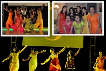 Three photos paired together of seven women in Indian sarees performing Bollywood dances.