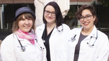 Britt Gratreak is a first-year medical student at the University of Arizona College of Medicine – Tucson, pictured (left) with her classmates Rebecca Allen and Alicia Sandoval, who lead Medical Ethics Reality Forum (MERF) together and now hold virtual events.
