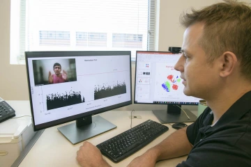 Dr. Churko had weekly Zoom meetings with Dattani (pictured on monitor) to discuss his remote research project. Dattani hopes to continue his research internship in person during the spring semester. 