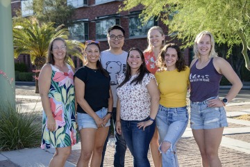 Faculty and staff of the Data Science Fellows program gathered with the second cohort of participants in May 2022. (From left): Maliaca Oxnam, Lydia Jennings, Zhiyang Fu, Luisa Rojas, Linnea Katherine Honeker, Heidi Steiner and Holly Ellingson.