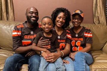 Dr. Palmer and her family dressed in Cleveland Browns gear to root for another Ohio team – the Cincinnati Bengals – during the Super Bowl LVI. From left: Her husband, Jason Palmer; her son, Jacob Palmer; Dr. Palmer; and Brenda Payne, her mother.