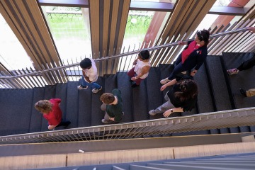View from above. Several people walking down a staircase in the Health Sciences Innovation Building.