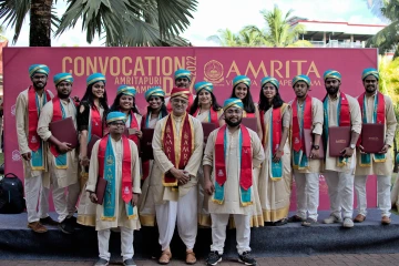 Bipin Kumar G. Nair, PhD, Dean of the School of Biotechnology in Amritapuri, is pictured alongside UArizona Health Sciences International dual-degree graduates. Back row (from left): Vysakh G S, Praveen R, Varadha S Menon, Archa P, Daleena Abraham, Naveen Kumar S, Mahima Sanjay Gomladu, Aiswarya K Nair, Sherin Ann Mathew, Avinash Sreedharan Sabeen, Akhil C A, Adith Krishnan A. Front row (from left): S Ashwin Kumar, Dr. Bipin Nair, Niladri Koner. 