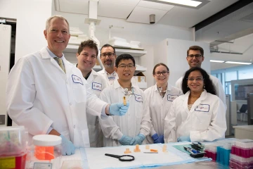 From Left to Right: Frederic Zenhausern, PhD, MBA, Jerome Lacombe, PhD, Ali Fattahi, PhD, Jian Gu, PhD, Kaitlyn Janssen, Undergraduate Biomedical Engineering Student at ASU, Jasmine Devadhasan, PhD, and Alexander Summers