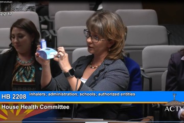 Dr. Gerald testifies at the Arizona State Legislature in 2017 to promote wider adoption of stock inhaler programs for students suffering from asthma in schools statewide and loosening rules on who could administer them. 