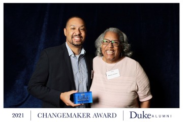 Dr. Michael Johnson and his mom, Barbara Johnson, at the Duke University Alumni awards ceremony, where Dr. Johnson received the Changemaker Award. 