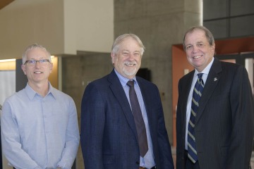(From left) Frank A. von Hippel, PhD, was joined by Daniel Derksen, MD, the UArizona Health Sciences associate vice president for health equity, outreach & interprofessional activities, and Michael D. Dake, MD, the senior vice president for Health Sciences, in welcoming researchers from across campus to the One Health Symposium in May.