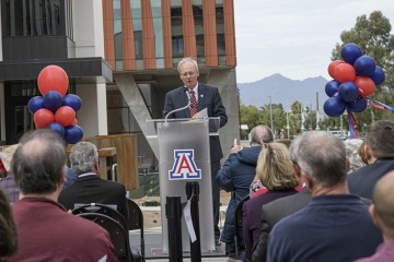 Rick Schnellmann, PhD, speaks at the grand opening and ribbon cutting of the expanded and renovated Skaggs Center. 