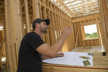 Dr. Vanderah checks the plans for the house he is building. 