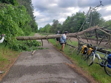 The bike listening tour meant facing barriers through storms and pandemic across six states. Julia Liatti helps another member of the tour group push bicycles under a tree that fell across the path.