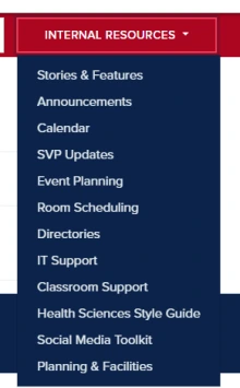 Health Sciences Connect Internal Resources menu